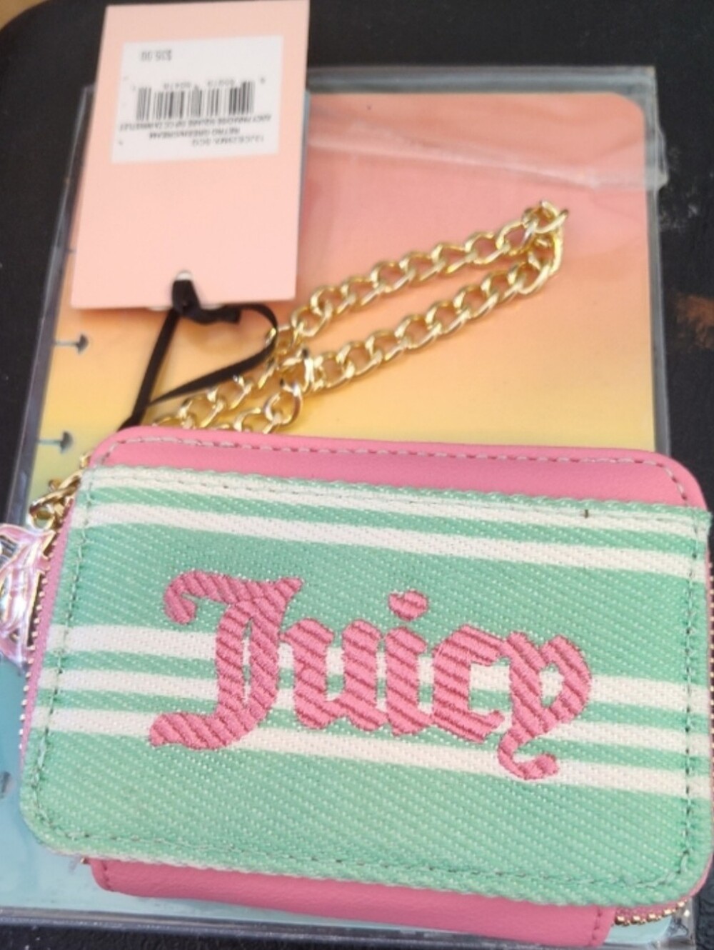 Juicy Couture Striped Mini Wallet Wristlet Quilted Pink Mint Gold Tone Chain Zip